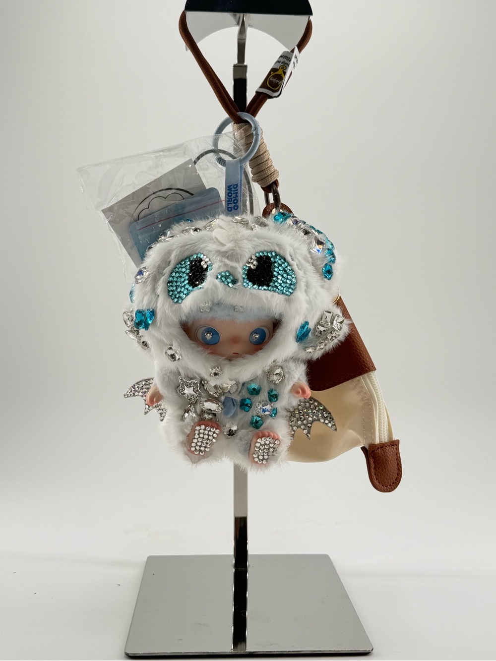 Dimo world Sparkle Monster Keychain Bag Charm - White with Aqua Gems